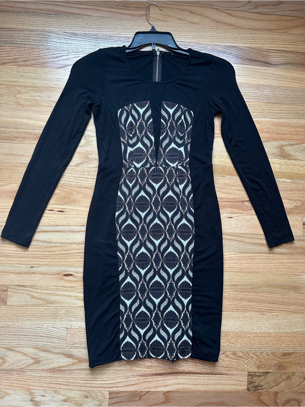Tracy Reese Silk Spandex Black & Ivory Geometric Print Long Sleeve Dress Size S